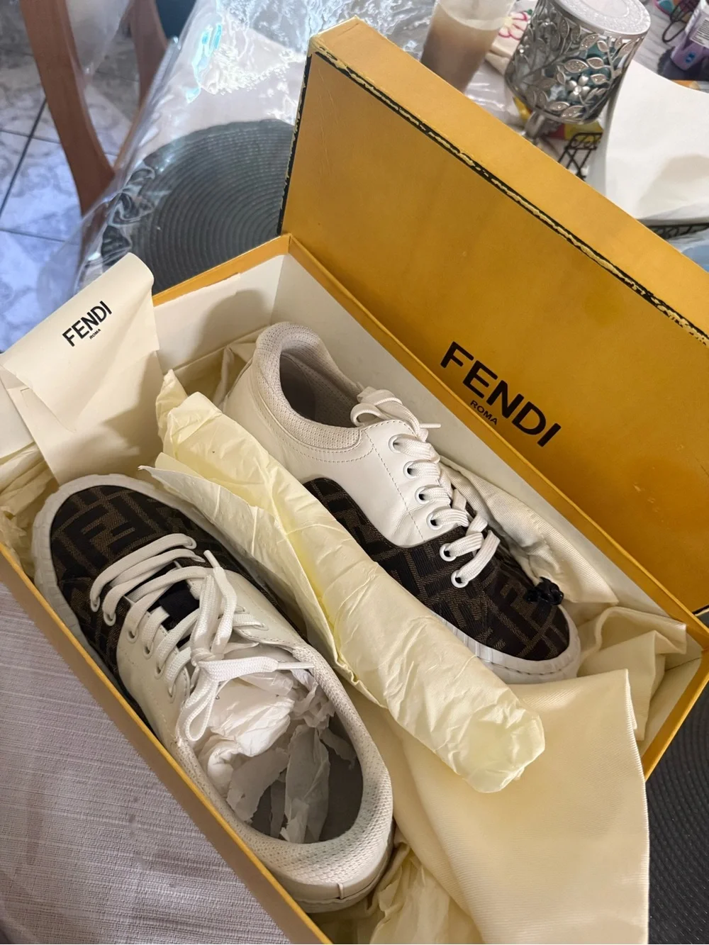 Fendi White & Brown FF Monogram Low-Top Sneakers for Women